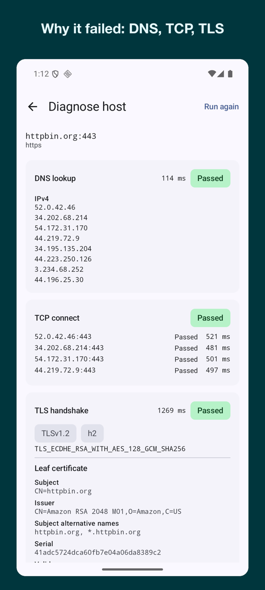 Curlew's Diagnose host screen for httpbin.org:443 showing DNS lookup passed in 114 ms with eight resolved addresses, TCP connect passed per address, and a TLS handshake passed with TLSv1.2, the cipher suite, and leaf certificate details