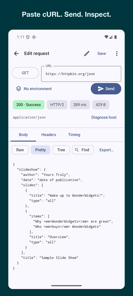 Curlew's request editor after a GET to httpbin.org/json: 200 Success over HTTP/2 in 289 ms, with the JSON body pretty-printed and Body, Headers and Timing tabs