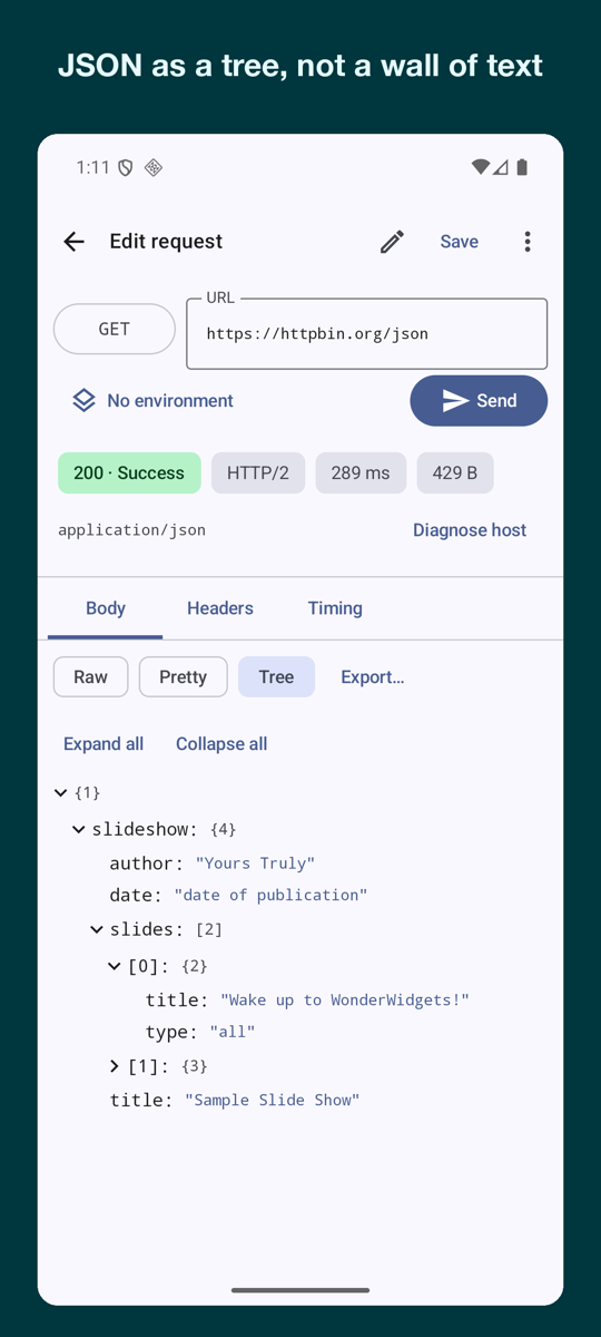 The same response shown as a collapsible JSON tree with Expand all and Collapse all controls
