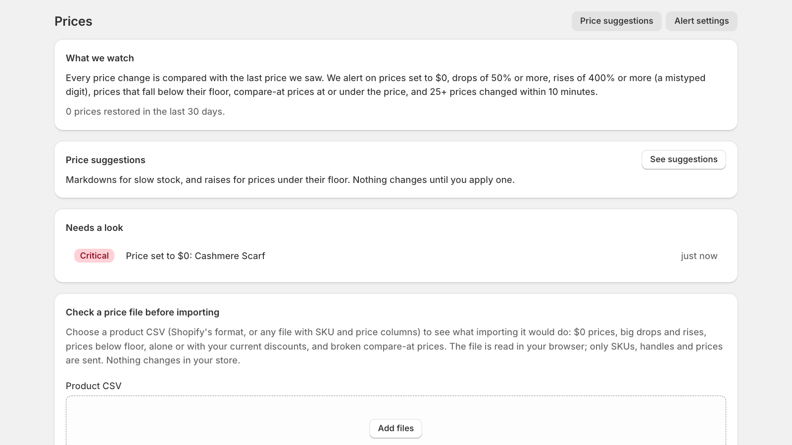 The Prices page with a price set to $0 flagged, and a check for a product CSV before importing