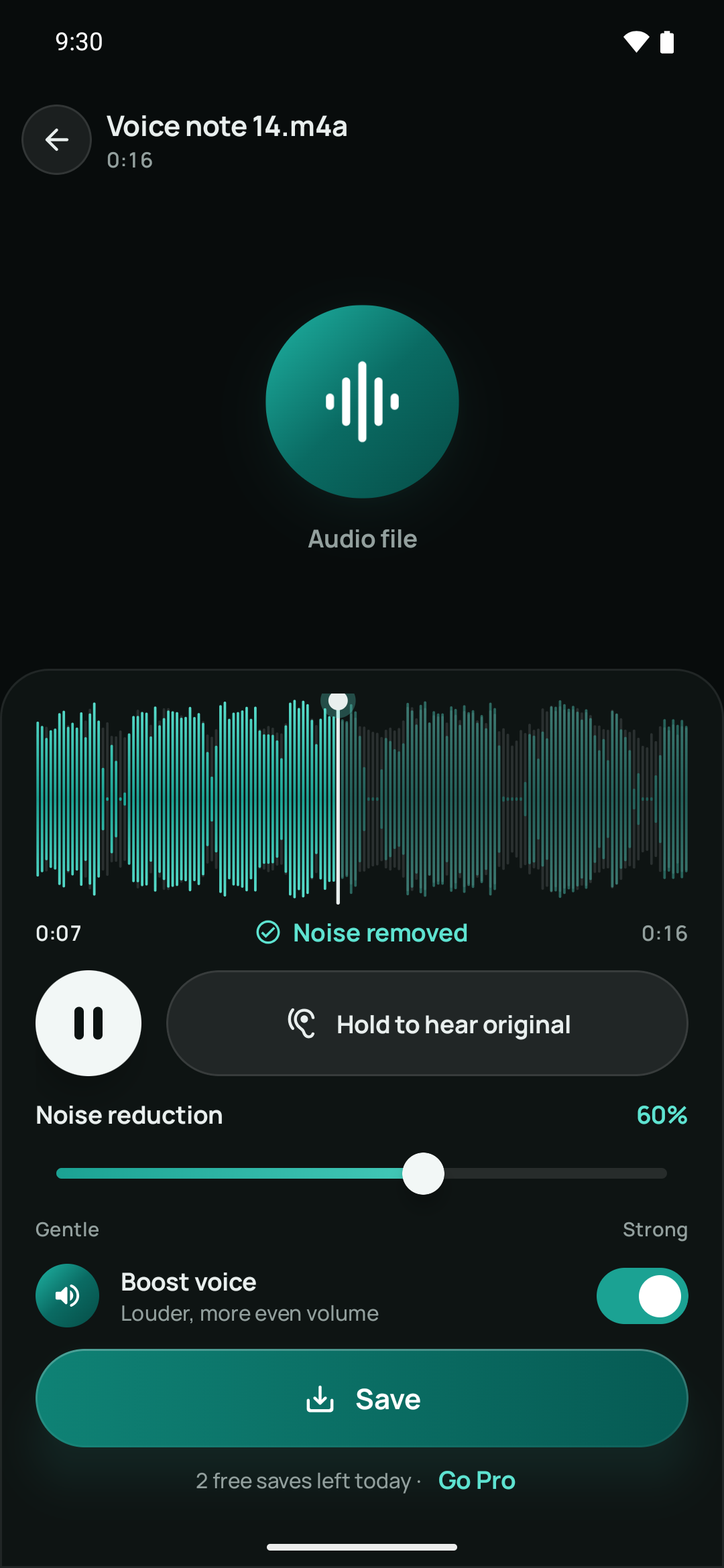 Noise Remover editing an audio recording with a waveform and save controls