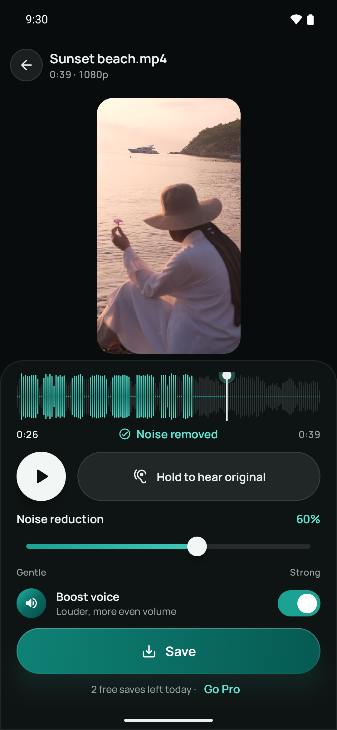 Noise reduction and Boost voice controls below a video preview
