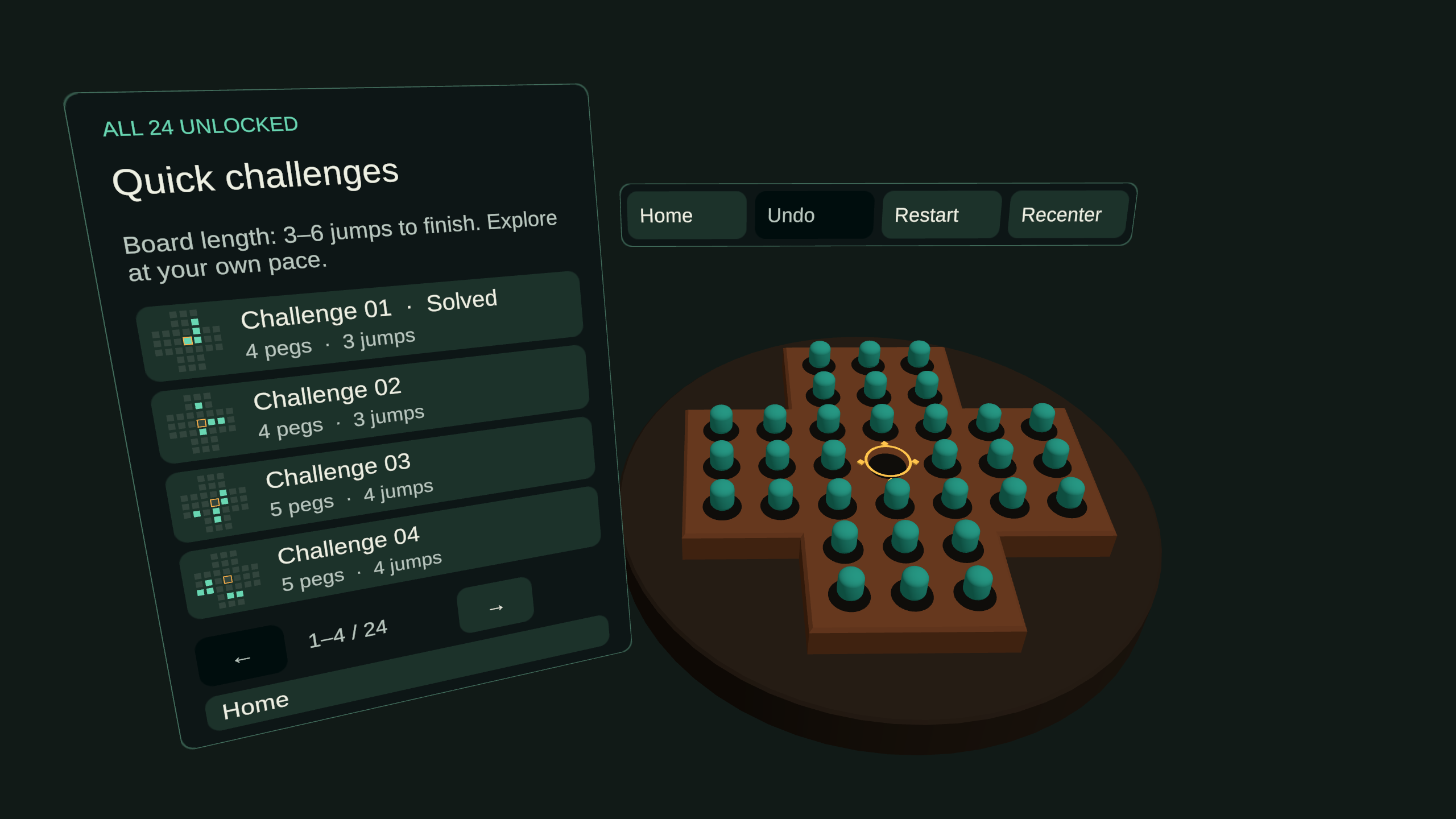 Challenge browser with board thumbnails, peg counts, jump counts and a solved marker