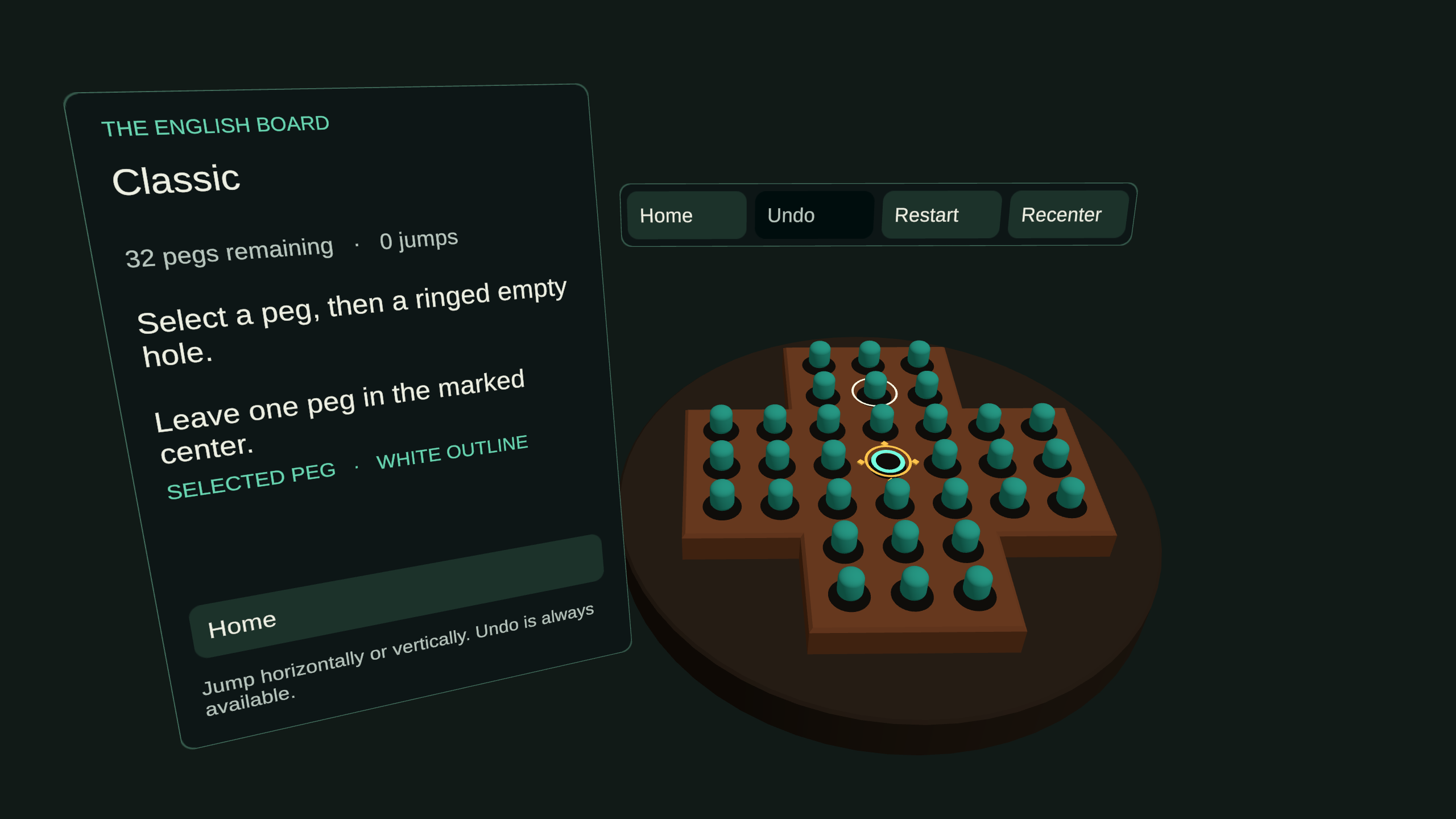Peg Solitaire VR board with a selected peg and a highlighted landing ring