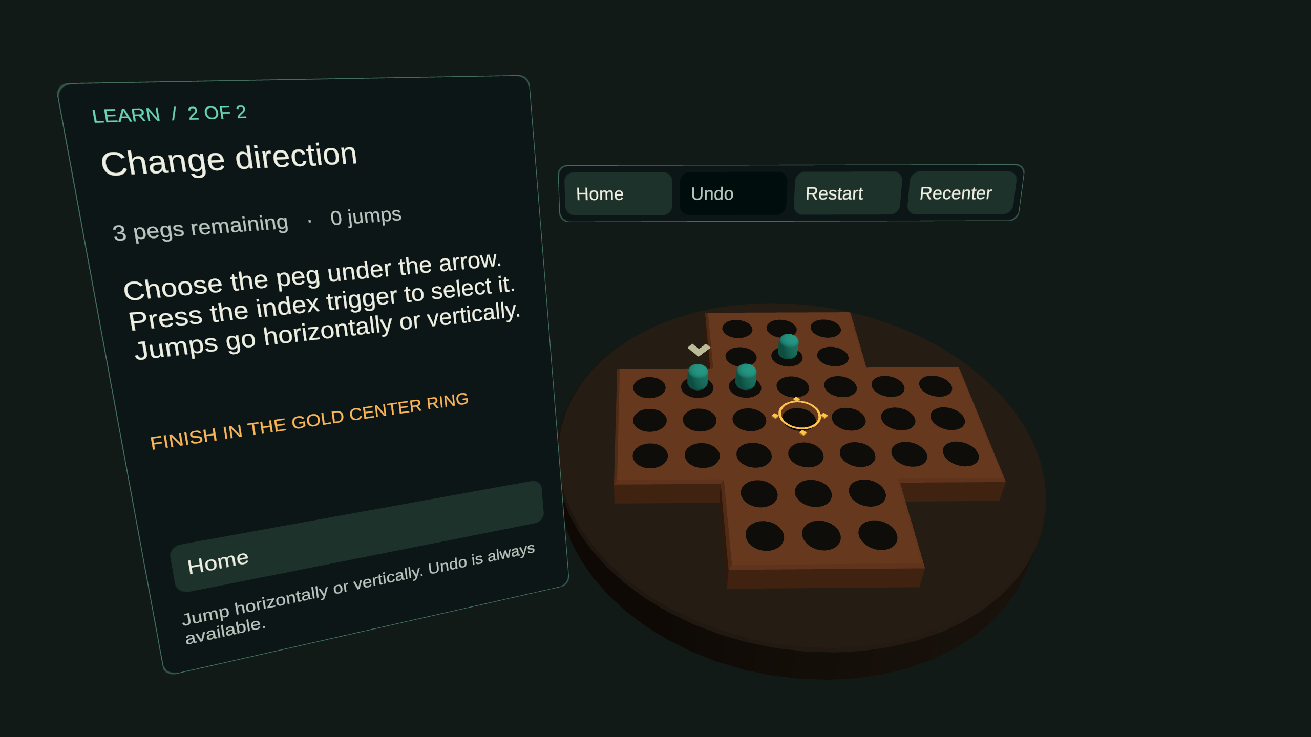 Change direction tutorial with three pegs, instructions and an arrow indicating which peg to select