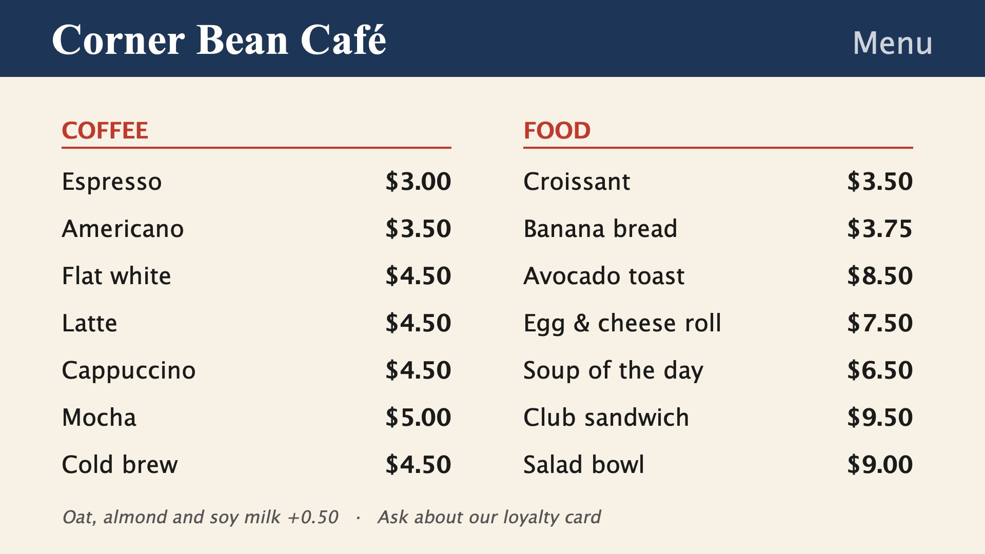 Placard displaying a sample cafe menu on TV